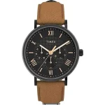 ساعت مردانه تایمکس TW2V91600 سری بند چرمی سه موتوره برند آمریکایی Timex باقاب استیل مشکی، بند قهوه ای، دارای عقربه های شبنما، نمایش تاریخ روز و هفته