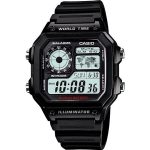 ساعت مردانه کاسیو AE-1200WH-1AVDF سری اسپرت برند ژاپنی CASIO، صفحه دیجیتال خاکستری، بند رزین مشکی، ضد آب تا 100 متر، دارای نشانگر تاریخ و نشانگر روز هفته و ساعت جهانی، مجهز به کرنومتر دقیق.