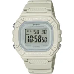 ساعت اسپرت کاسیو W-218HC-8AVDF سری یونیسکس برند CASIO، صفحه دیجیتال خاکستری، بند و قاب رزین کرم، ضد آب تا 50 متر، دارای کرنومتر دقیق و نشانگر تاریخ و روز هفته.