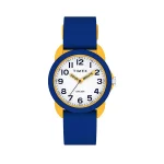 ساعت مردانه تایمکس TW2W92100 سری موتور کوارتز برند آمریکایی Timex، قاب آبی و زرد، بند سیلیکون آبی، صفحه سفید ، ضد آب تا 30 متر
