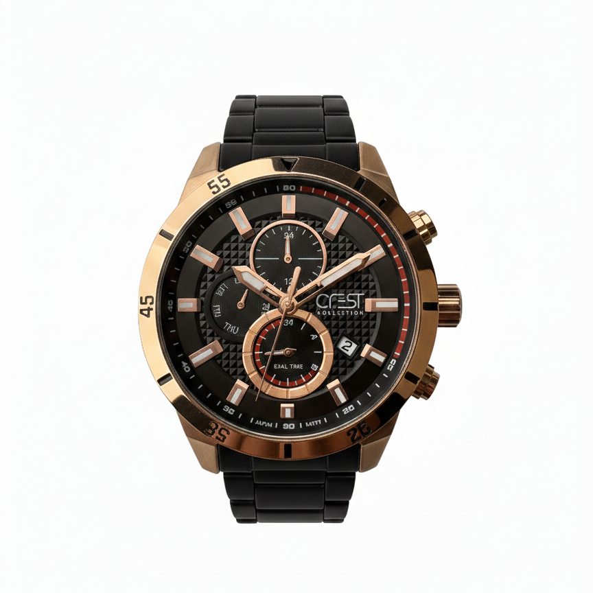 137.png ساعت کرست مردانه 6271-2 با بند استیل مشکی و کیس رزگلد dual time وموتور سه حالته - Image 1