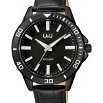 ساعت کیو اند کیو مردانه Q28b-008py استیل فریم دایره مشکی اسپرت با بند چرم مشکی صفحه ای مشکی  کوارتز