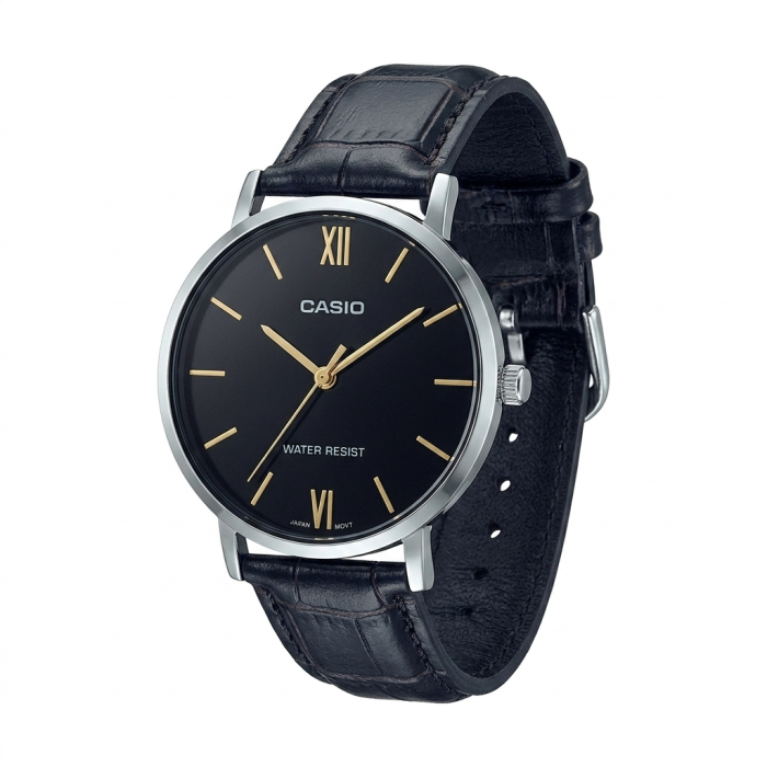 ساعت کاسیو مردانه mtp-vt01l-1budf کلاسیک فریم دایره استیل بند چرم مشکی موتور تک حالته صفحه ای مشکی - Image 1